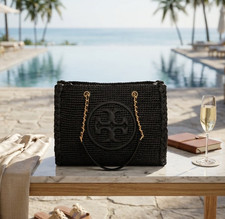 Tory Burch Ella Raffia Melange Black Small Chain Shoulder Bag/Shopper Tote Bag