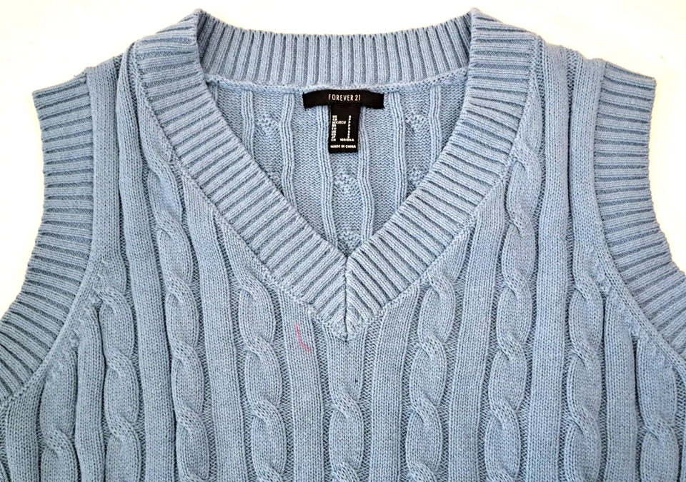 Chaleco Suéter Forever 21 Tejido con Cable Para Mujer Pequeño Azul Claro Preppy Clásico Foto 3 de 4