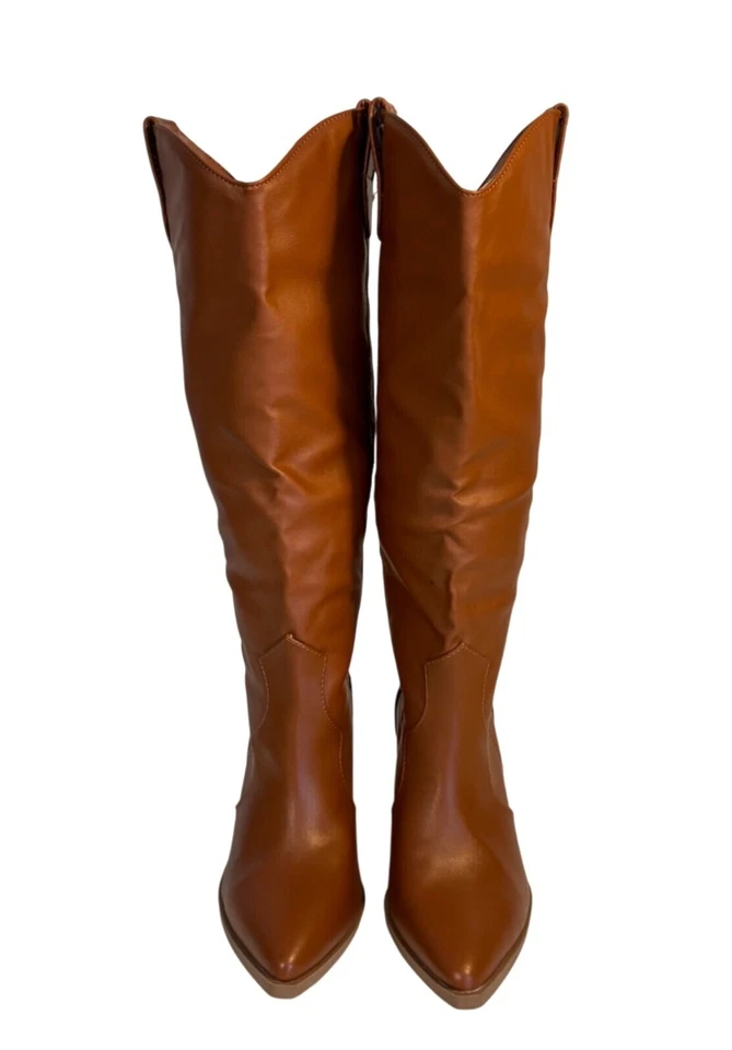 Botas de vaquero de bambú para mujer de 6,5 hasta la rodilla con tacón grueso en marrón coñac nuevas Foto 3 de 4