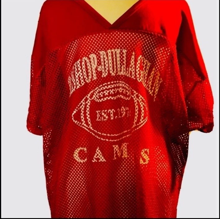 Bishop Dullaghan Football Camp USA Cropped Fishnet Shirt Small Red Sports VTG