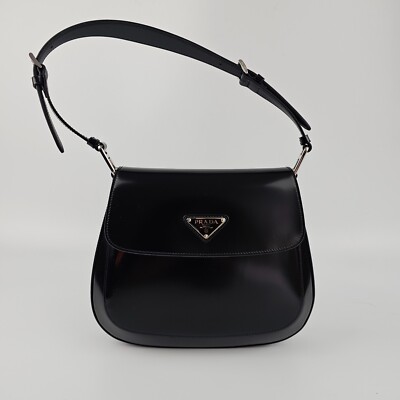 PRADA Cleo Medium $3500 Black Brushed Leather Shoulder Bag New And