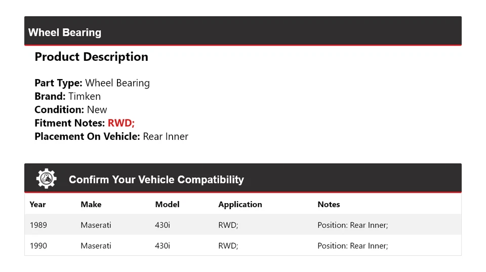 Cojinete de rueda interior trasero Timken para Maserati 430i 1989-1990 tracción trasera Foto 2 de 4