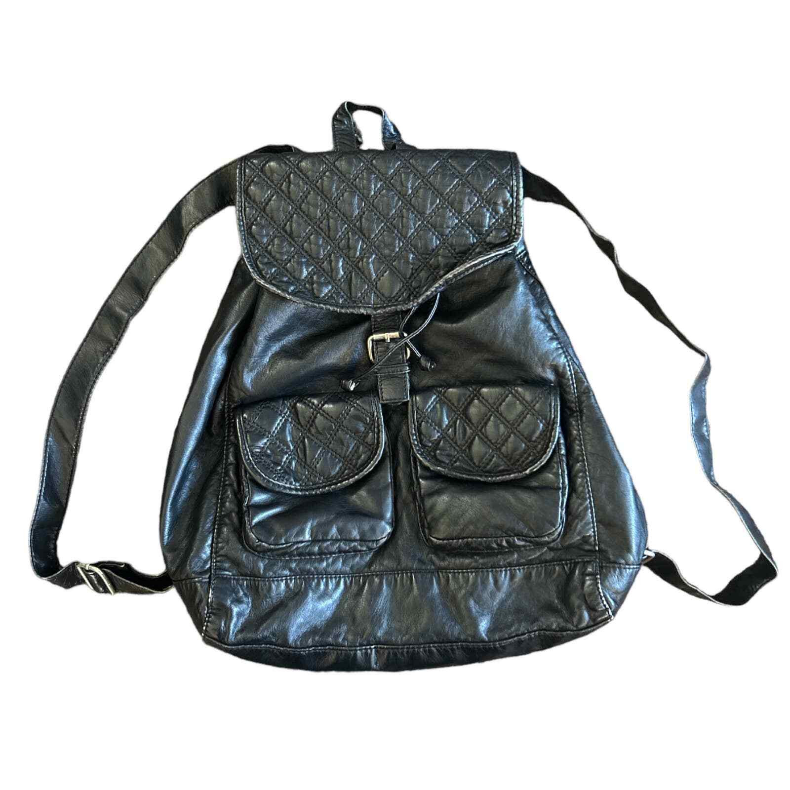 Black Leather Drawstring Mini Backpack With Pocke… - image 1