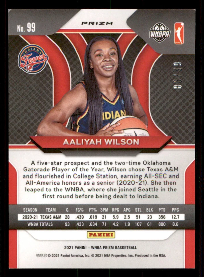 2021 Panini Prizm WNBA Prizms Purple #99 Aaliyah Wilson /99 - Image 2 of 2