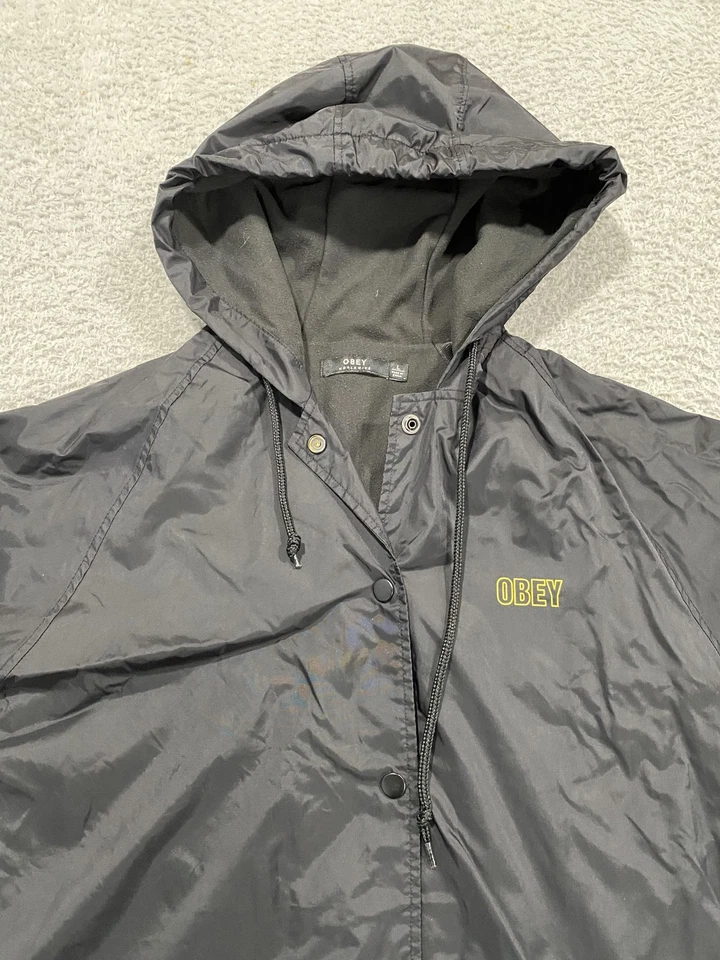 Obey Jacket Mens Large Black Hooded Coaches Snap Front Fleece Lined Nylon Logo - Image 2 of 4