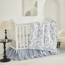 French Country Toile Crib Bedding Set for Girls Vintage Blue Toile Floral Pri...