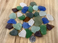 Sea Glass - 30 6-color Med. Center Drilled - Light Cobalt Aqua Green White Brown