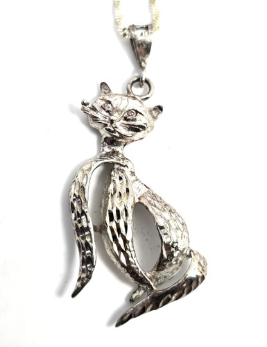 Retro Sassy French cat etched Sterling modernist mid century vintage sterling si