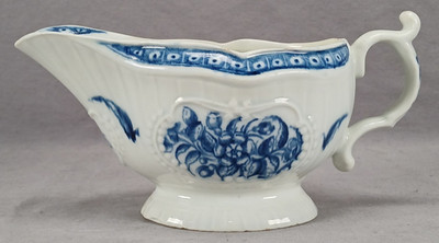 18th Century Dr Wall Worcester Blue Floral Strap Flute Sauce Boat C. 1775