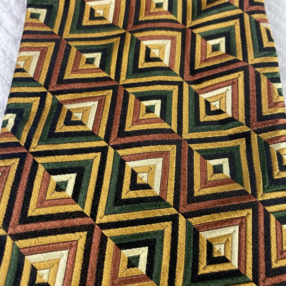 Corbata Bruno Piattelli Para Hombre Seda Verde Dorado Marrón Geométrica Hecha en EE. UU. Foto 2 de 4