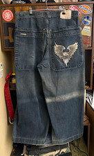 JNCO Men's 36x30 Black Dark Wash Wide-Leg Baggy Jeans Embroidered Eagle