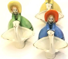 Vtg Porcelain Girl Bonnet Basket Toothpick Trinket *1ct - 1 Green & 1 Blue Left 