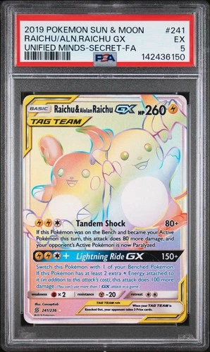 PSA 5 Raichu & Alolan Raichu Gx 241/236 Unified Minds Tag Team Rainbow POKEMON