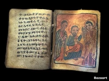 Antique Ethiopian Bible – Ge’ez Script on Vellum with Colorful Hand-Painted
