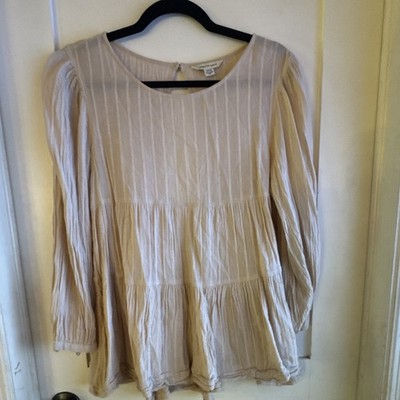 American Eagle Women s S Beige Striped Scoop Neck Keyhole Ruffle Blouse