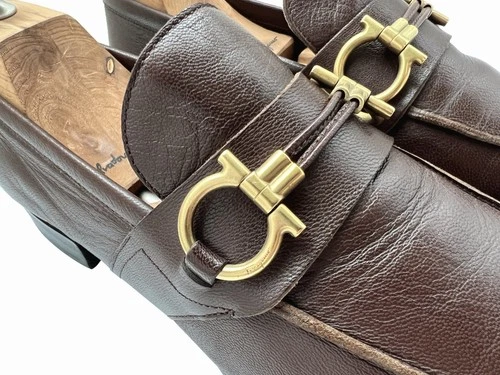 $1090 Salvatore Ferragamo Mens ALEC Brown Shoes Gancini Gold Bit Loafers 9.5 D
