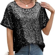 Women's Sequin Shirts Glitter Tops Blouse Short Sleeve Party Pullover Size 8-20