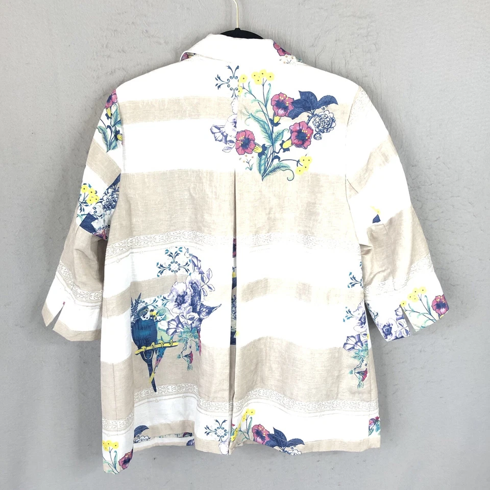 Chicos 2P Jacket Womens LP Large Petite Floral Striped 100% Linen Easter NEW - Image 3 of 4