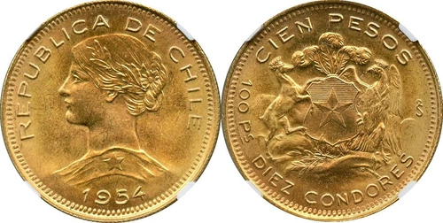 CHILE 1954SO GOLD 100 pesos NGC MS 64