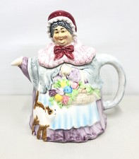 Vintage Takahashi San Francisco Peasant Woman Teapot with Lid Flowers Cat