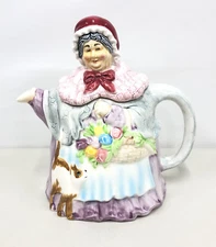 Vintage Takahashi San Francisco Peasant Woman Teapot with Lid Flowers Cat