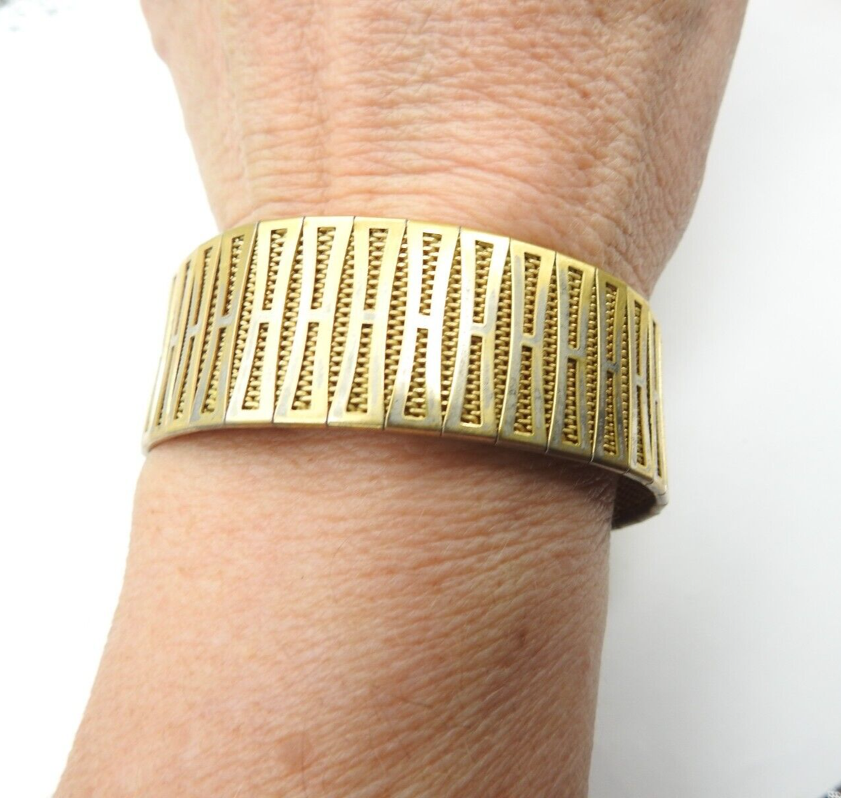 Signed JB Bender Gold Tone Mesh Band Pat. 2952058 Bracelet