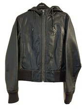 Womens Puma Hooded 100% Genuine Leather Bomber Jacket Black Blue - Small / Uk10