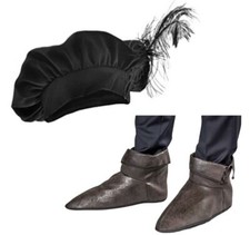 Mittelalter-Set Barett und Schuhüberzieher aus Kunstleder für Herren Fasching