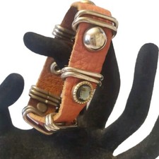 Leather Rhinestone Snap Bracelet Boho Silver Stud Edgy Layer Piece Trendy Orange