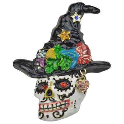 Kirks Folly Sugar Skull Witch Pin Pendant with Chain Necklace Gold tone