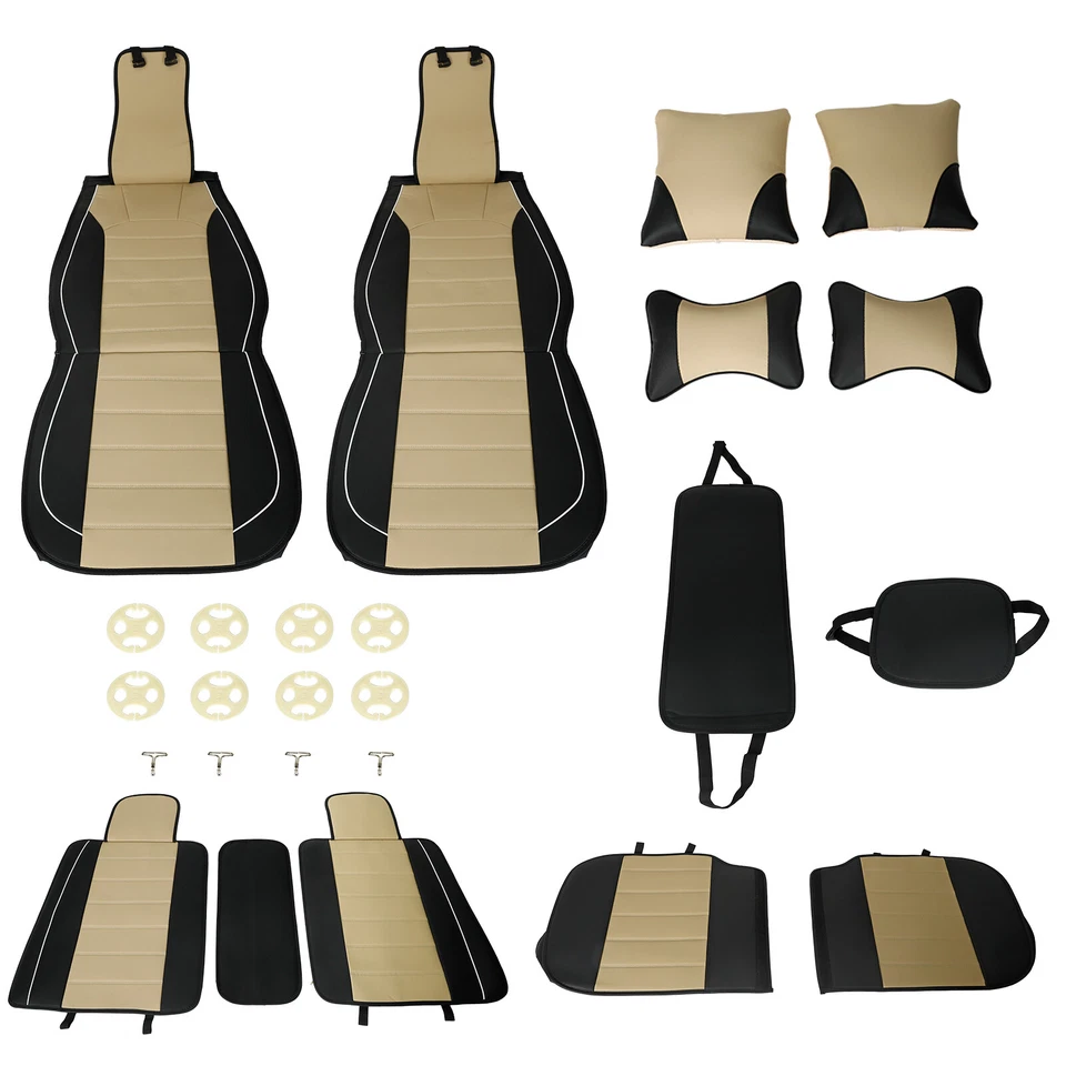 5-Seats Car Seat Cover PU Leather Front + Rear SUV Cushion Set Universal Beige Foto 2 de 4