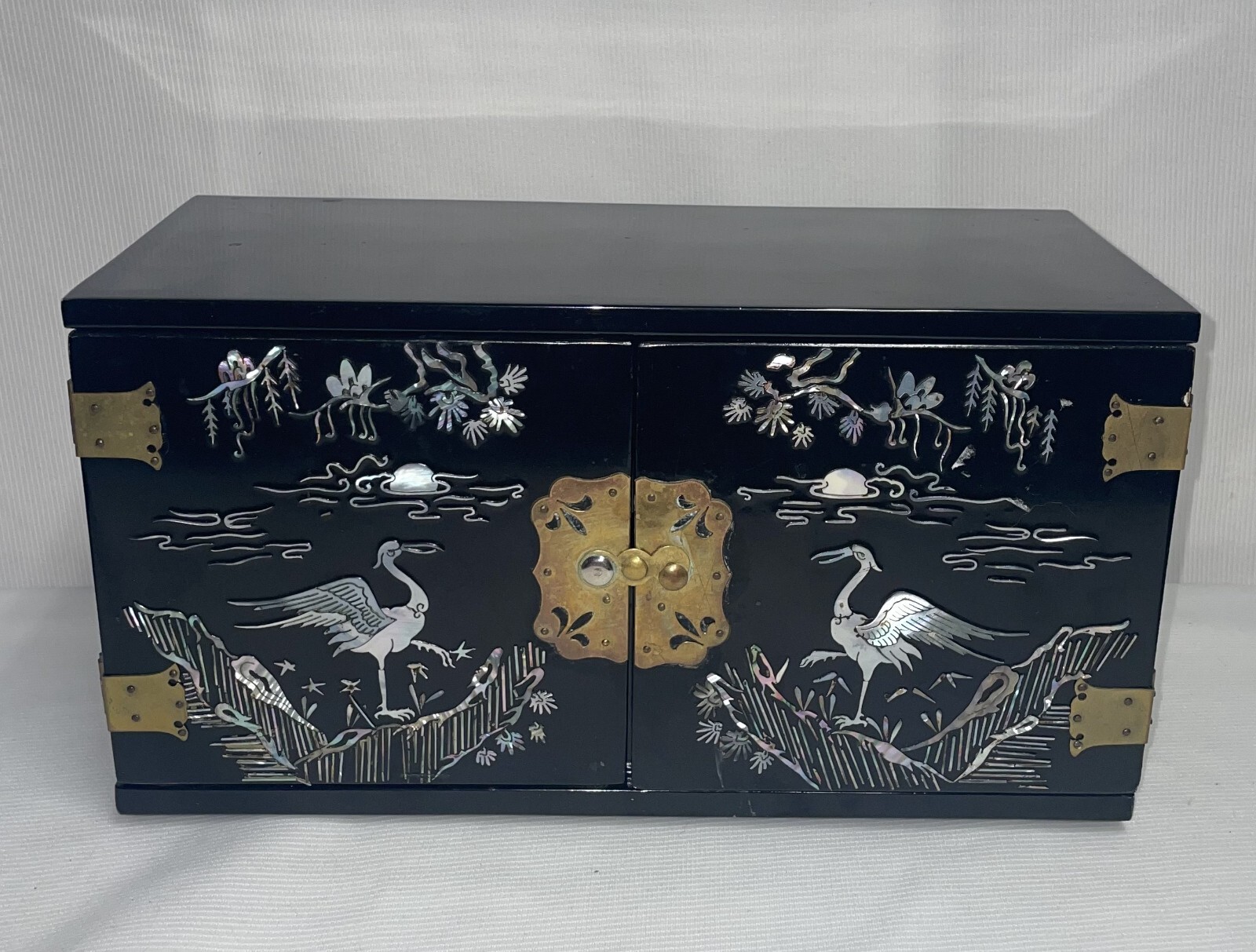 Asian Black Lacquer MOP Inlay Jewelry Box with Crane Design, 6.5 Inches High, 4 Drawers