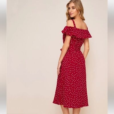 SHEIN Red White Polka Dot Button Front Flounce Cold Shoulder Midi Dress  Size S | eBay