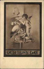 Cómic Fantasía Cigüeña y Bebé Ángel Después del Día Ocupado Libro de Ledger c1910 Postal de Colección