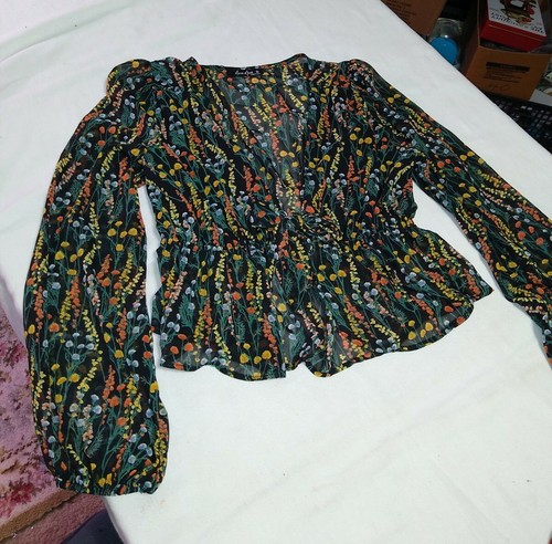 Nanamacs Boutique women's Shear Floral top blouse balloon arms open face vgc
