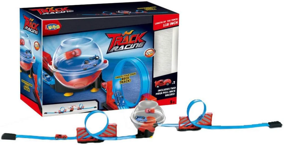 DIAKAKIS Luna Racing-Set Rennstrecke 26-tlg. mit Schienen Rennwagen Rennbahn +5J