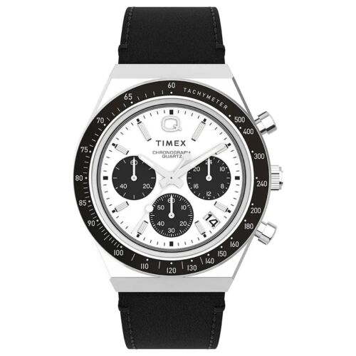 Timex Q Chronograph Motorsport Stainless Steel Leather Panda Watch TW2V42700 - Foto 1 di 5