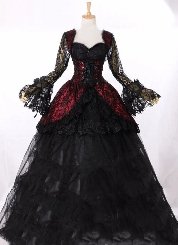 Black Red Gothic Wedding Dresses Lace Appliques Long Sleeves A Line Bridal Gowns - Image 2 of 4