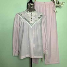 Vintage Sears Pajama Set Pink Lace Yoke Cottage NOS Top Pants