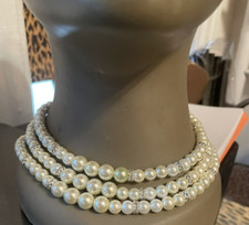 Retro Classic White Pearl Bead w/ Crystal Rondelles 3-Strand Choker Necklace