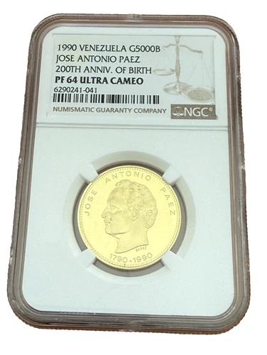 Venezuela 1990 Gold 5000 Bolivares NGC PF64UC Jose Antonio Paez