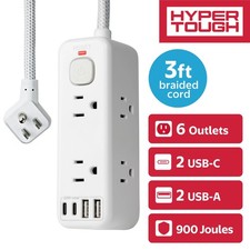 Hyper Tough USB Power Strip, 3ft Extension Cord, 6 Outlet, USB-A, USB-C