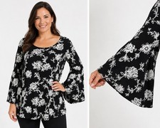 Karen Kane 2X Black White Floral Silk Blend Tunic Top Bell Flutter Sleeve USA