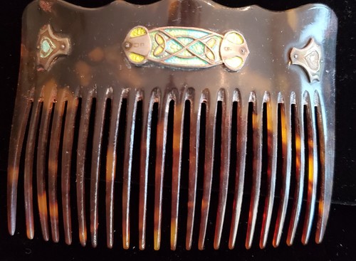 Antique Art Nouveau Faux Tortoiseshell Sterling Silver Enamel Hair Comb