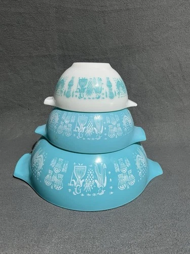 PYREX Turquoise Blue AMISH Butter Print 3 PC SET Handled BOWLS 441-442 444 READ