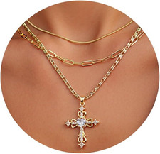 Cross Necklace for Women, Dainty 14K Gold Plated Cubic Zirconia Layered Pendant