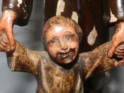 Old Antique Religious Polychrome Carved Wood Figure Statue Monk Child