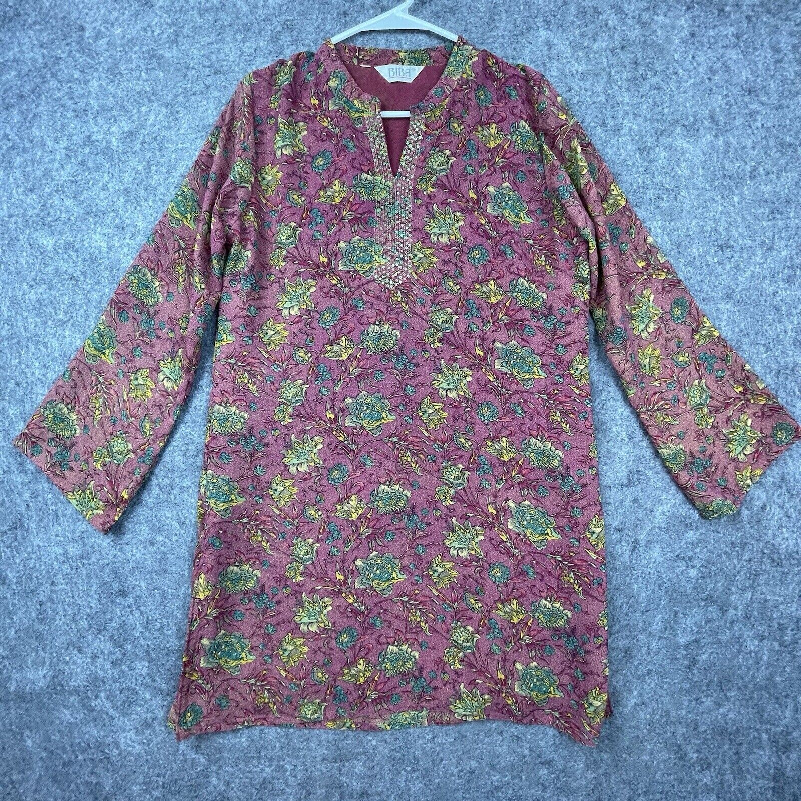 Biba Tunic Dress Womens Small Burgundy Yellow Flowers Boho Hippy Side Slit