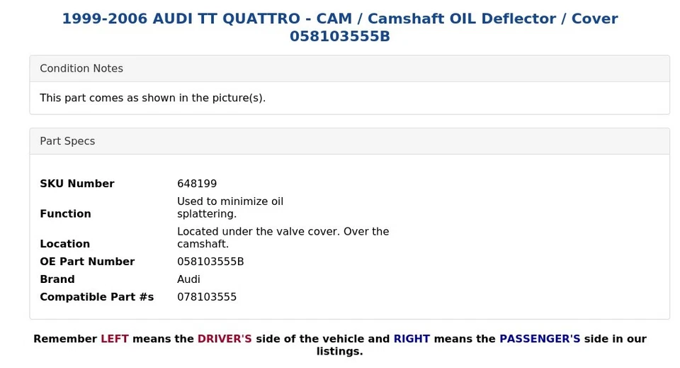 1999-2006 AUDI TT QUATTRO - CAM / Camshaft OIL Deflector / Cover 058103555B - Image 3 of 4