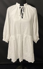 Hudson Gray Dress Womens Medium White Eyelet Tunic Lined Cotton Boho Tie Neck